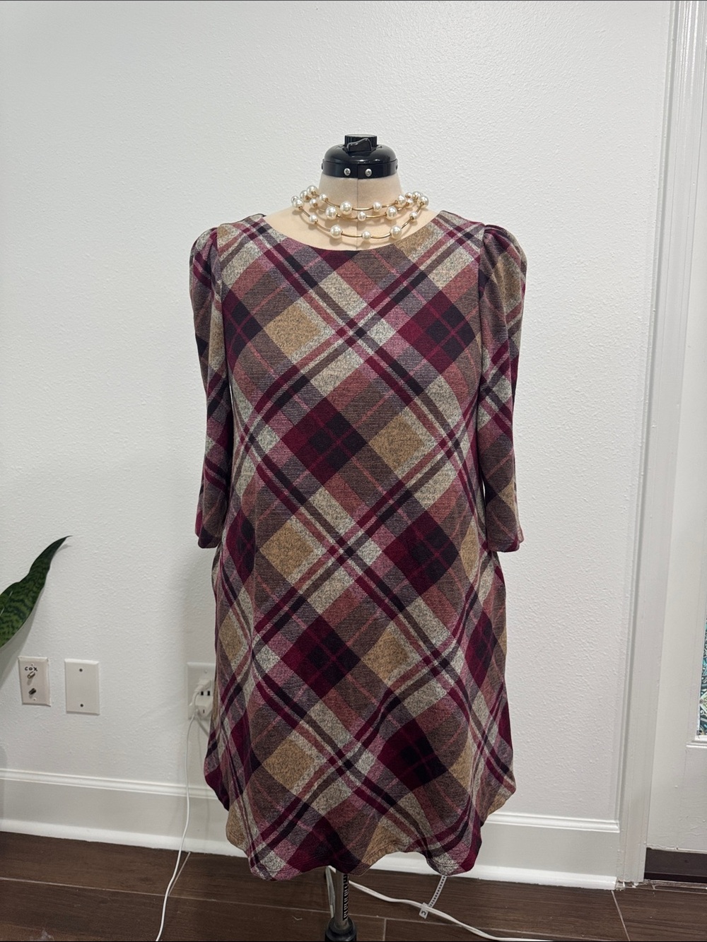 Jessica Howard Plaid Shift Dress in Burgundy, Taupe, Cream
